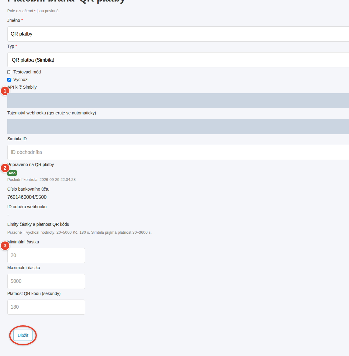 Detail brány QR platba (Simbila): API klíč Simbily, stav Připraveno na QR platby a minimální částka
